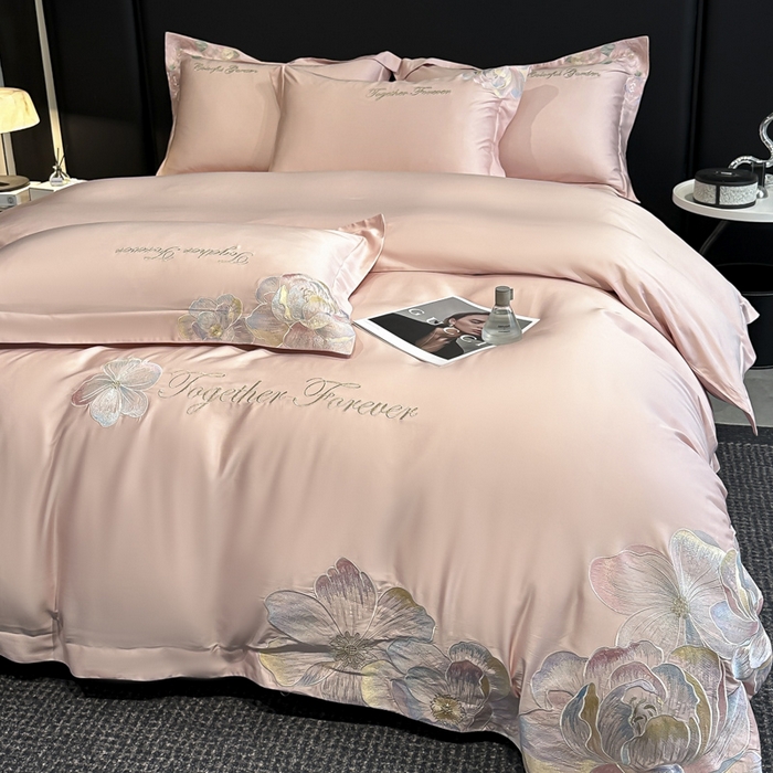 91家纺网 家纺一手货源 找家纺 润锦云 2026新款高支高密刺绣四件套-花溪系列 花溪-樱花粉