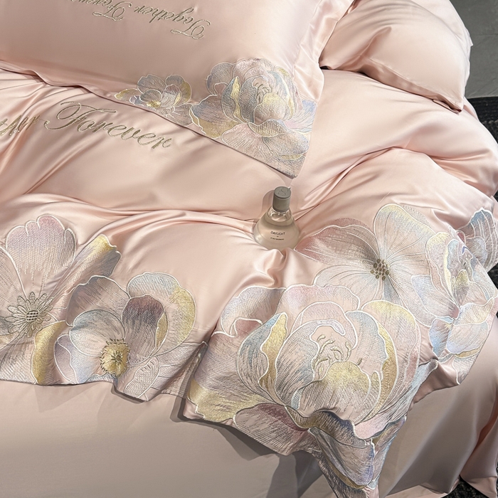 91家纺网 家纺一手货源 找家纺 润锦云 2026新款高支高密刺绣四件套-花溪系列 花溪-樱花粉