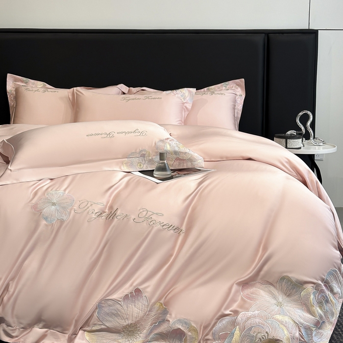 91家纺网 家纺一手货源 找家纺 润锦云 2026新款高支高密刺绣四件套-花溪系列 花溪-樱花粉