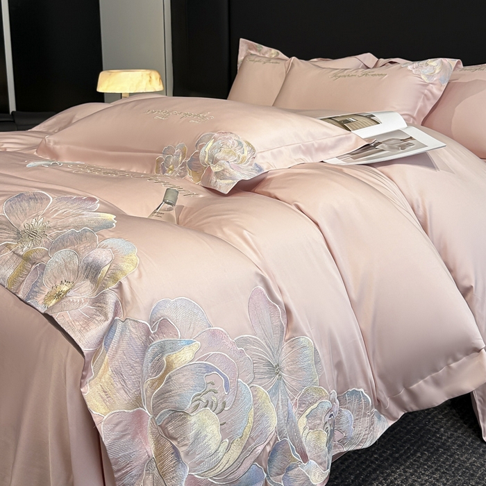 91家纺网 家纺一手货源 找家纺 润锦云 2026新款高支高密刺绣四件套-花溪系列 花溪-樱花粉