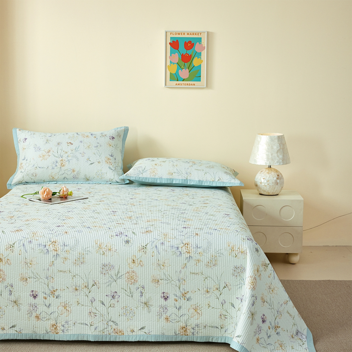 91家纺网 家纺一手货源 找家纺 元元家居（元元被业） 2026新款全棉纯棉13372系列夹棉枕套单件枕套单品单枕套-印花款 春晓绿