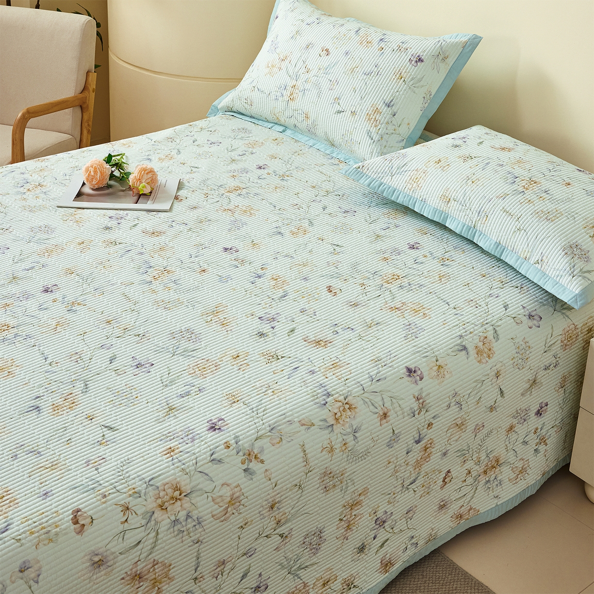 91家纺网 家纺一手货源 找家纺 元元家居（元元被业） 2026新款全棉纯棉13372系列夹棉枕套单件枕套单品单枕套-印花款 春晓绿