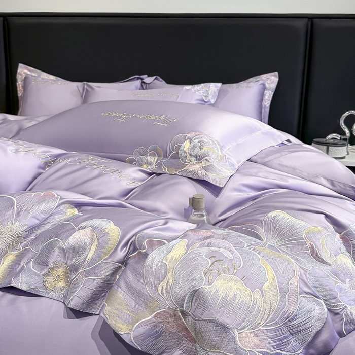 91家纺网 家纺一手货源 找家纺 润锦云 2026新款高支高密刺绣四件套-花溪系列 花溪-优雅紫