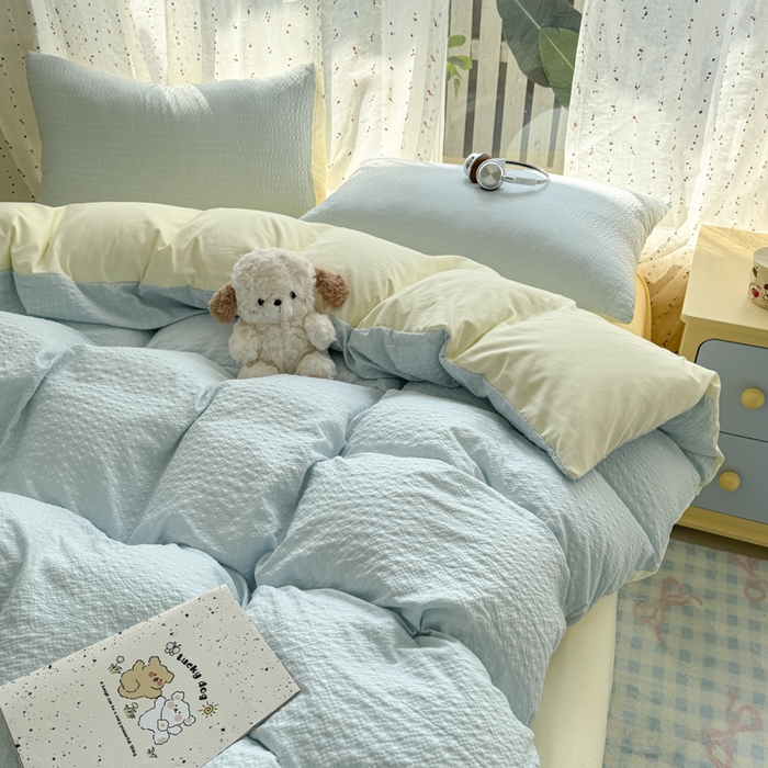 91家纺网 家纺一手货源 找家纺 （总）雨帆家纺 2026新款时尚双拼泡芙纱四件套系列