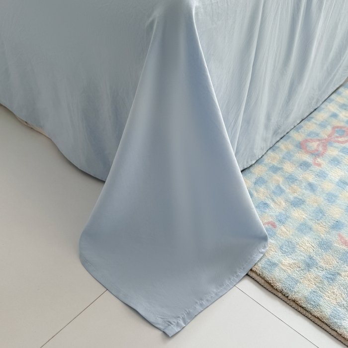 91家纺网 家纺一手货源 找家纺 雨帆家纺 2026新款时尚双拼泡芙纱四件套系列 泡芙纱深蓝+蓝