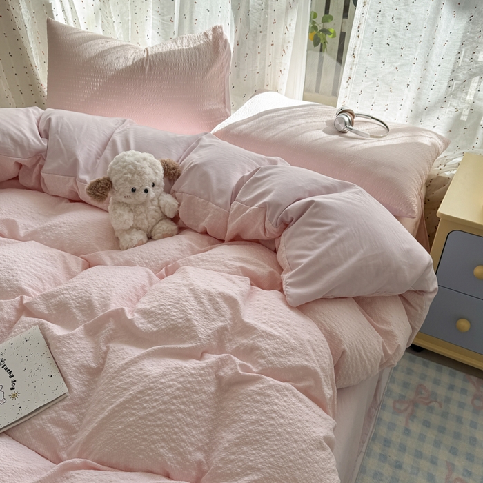 雨帆家纺 2026新款时尚双拼泡芙纱四件套系列 泡芙纱粉+粉