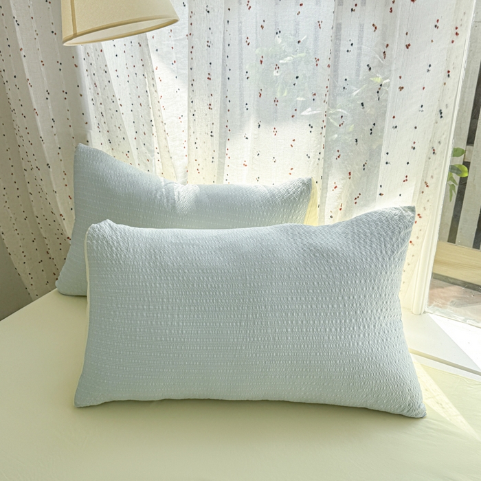 91家纺网 家纺一手货源 找家纺 雨帆家纺 2026新款时尚双拼泡芙纱四件套系列 泡芙纱蓝+芝士