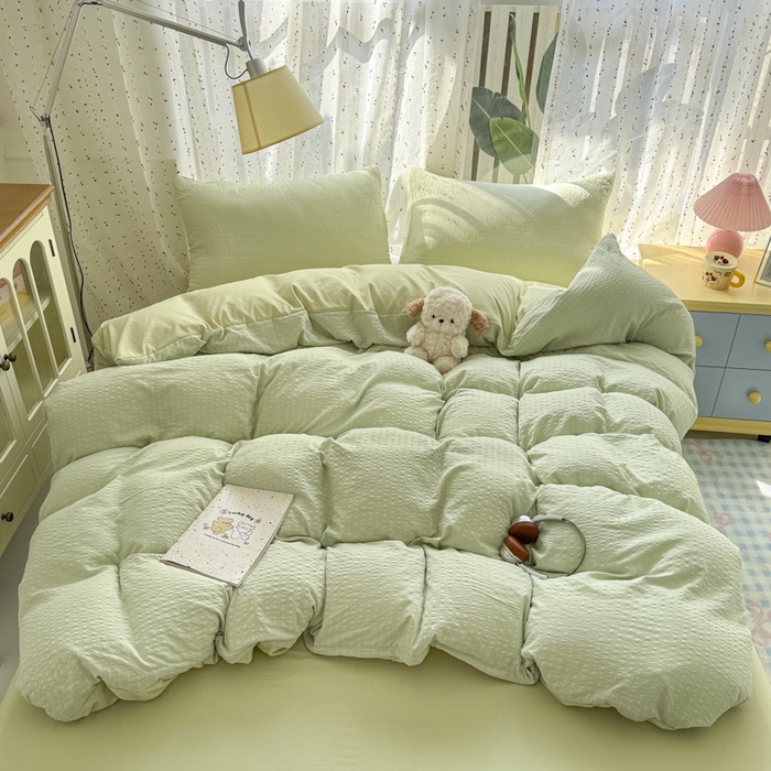 91家纺网 家纺一手货源 找家纺 雨帆家纺 2026新款时尚双拼泡芙纱四件套系列 泡芙纱绿+绿