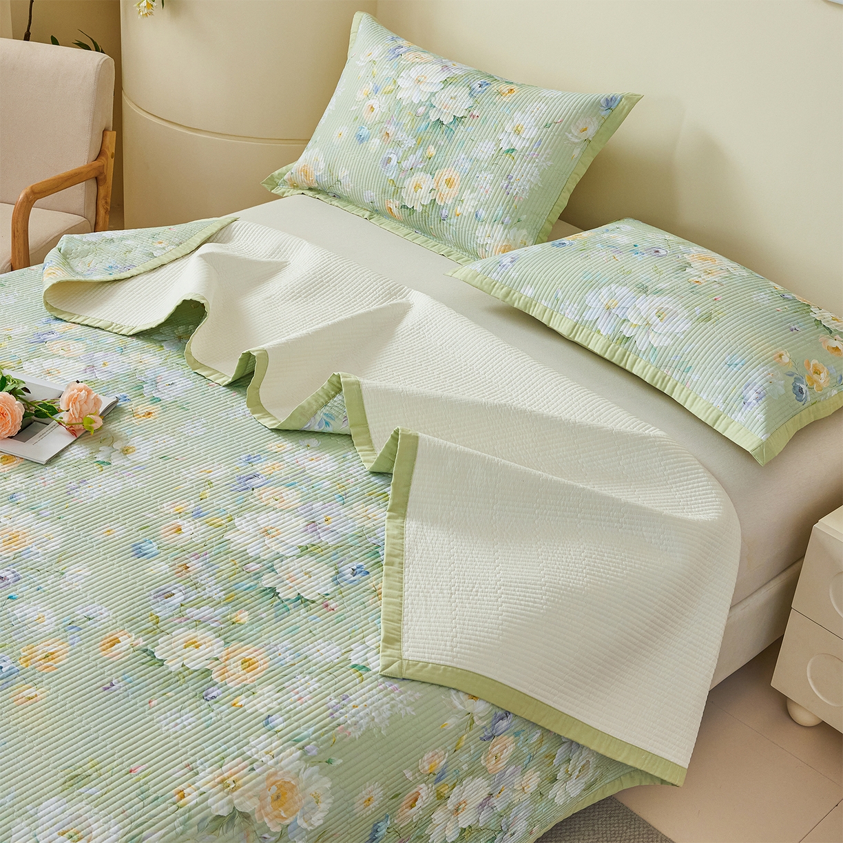 91家纺网 家纺一手货源 找家纺 元元家居（元元被业） 2026新款全棉纯棉13372系列夹棉枕套单件枕套单品单枕套-印花款 花漾绿