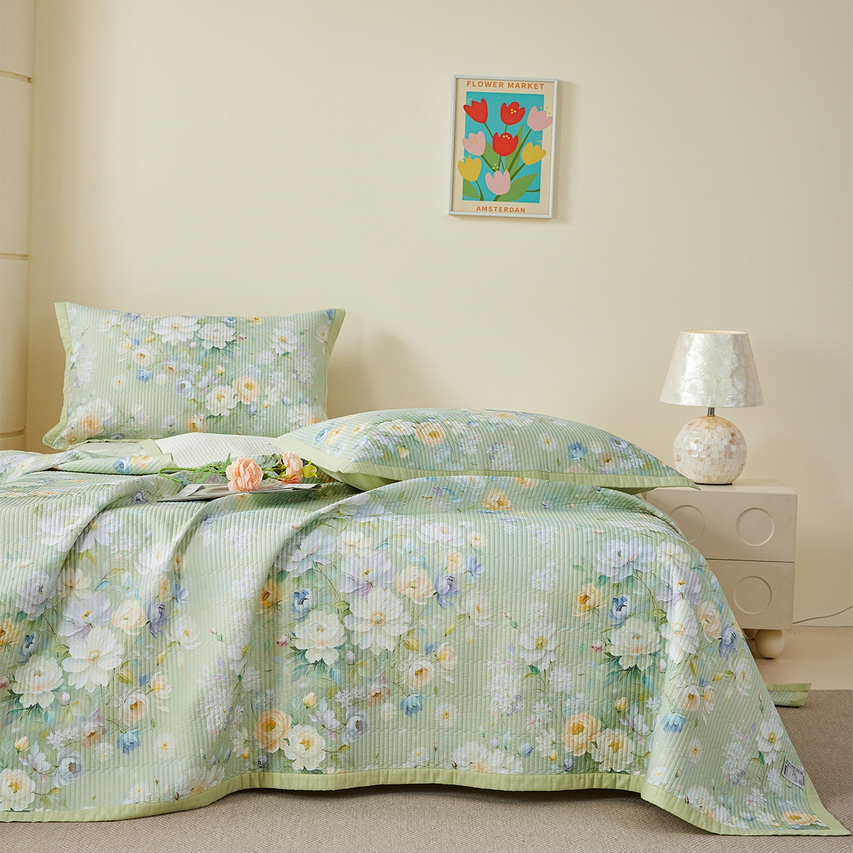 91家纺网 家纺一手货源 找家纺 元元家居（元元被业） 2026新款全棉纯棉13372系列夹棉枕套单件枕套单品单枕套-印花款 花漾绿