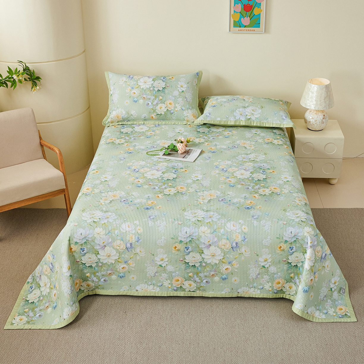 91家纺网 家纺一手货源 找家纺 元元家居（元元被业） 2026新款全棉纯棉13372系列夹棉枕套单件枕套单品单枕套-印花款 花漾绿