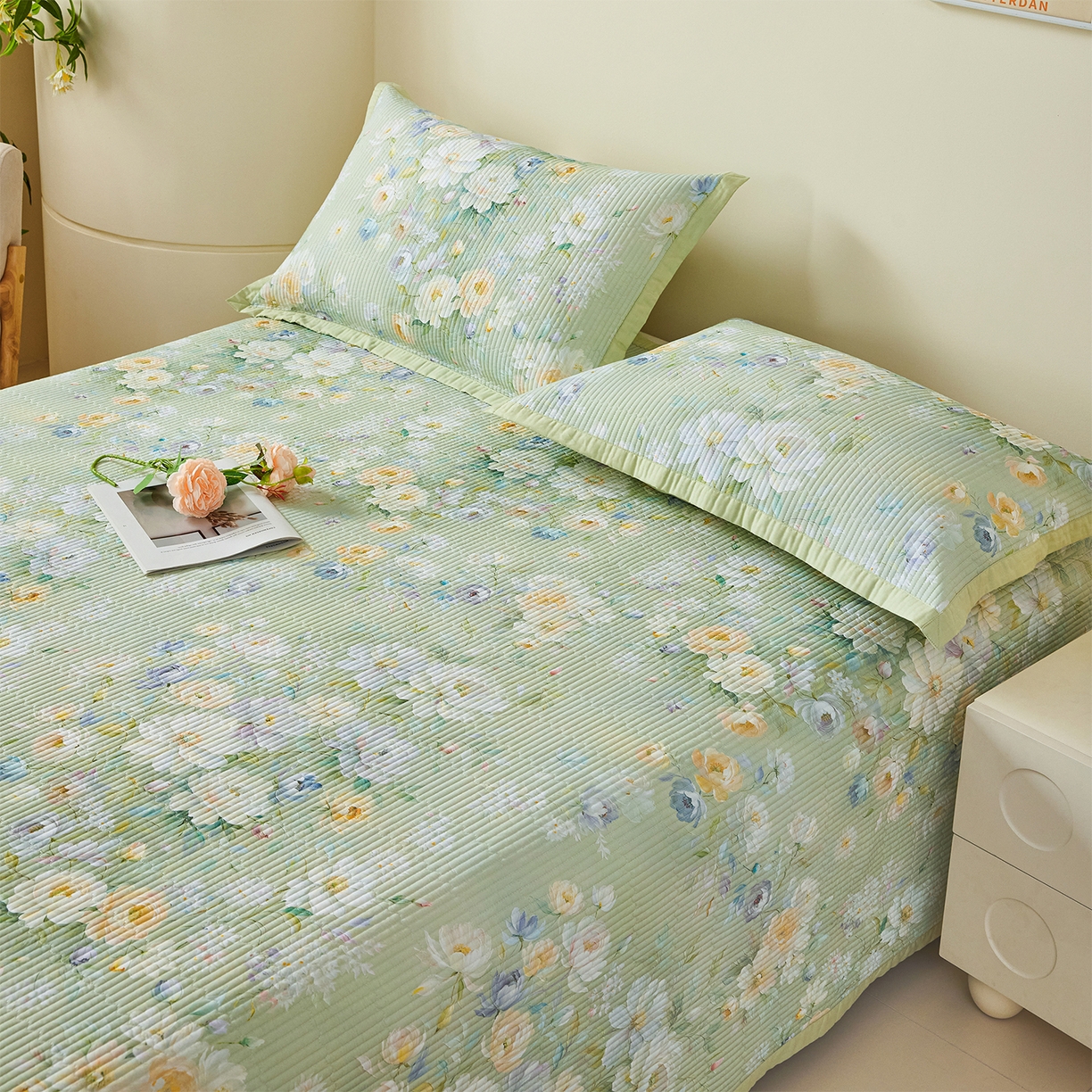 91家纺网 家纺一手货源 找家纺 元元家居（元元被业） 2026新款全棉纯棉13372系列夹棉枕套单件枕套单品单枕套-印花款 花漾绿