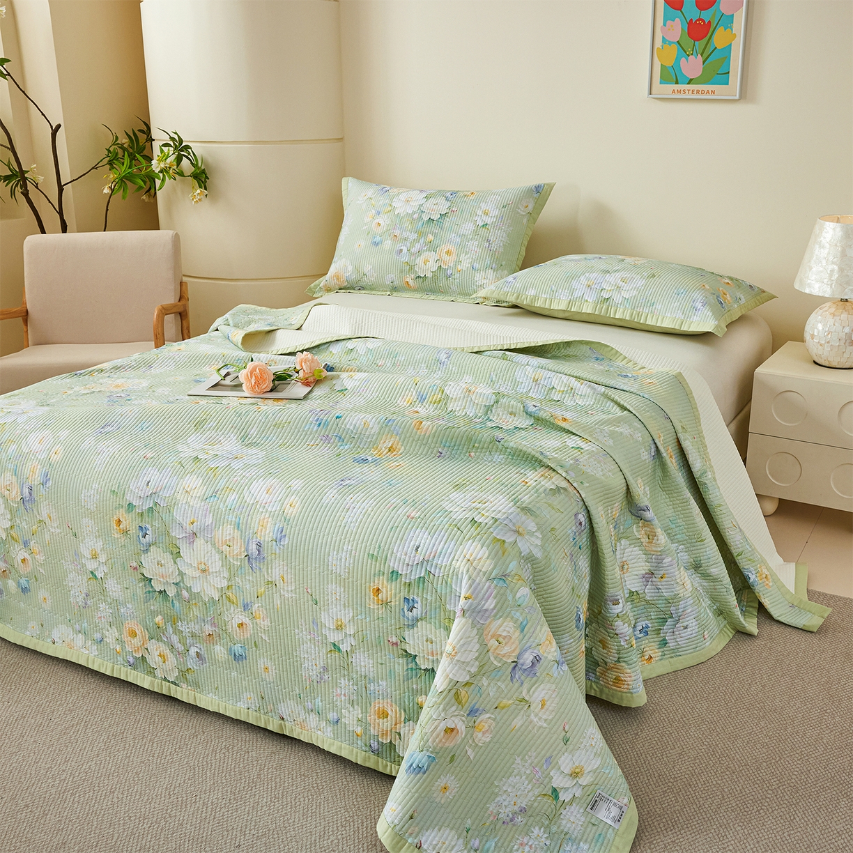 91家纺网 家纺一手货源 找家纺 元元家居（元元被业） 2026新款全棉纯棉13372系列夹棉枕套单件枕套单品单枕套-印花款 花漾绿