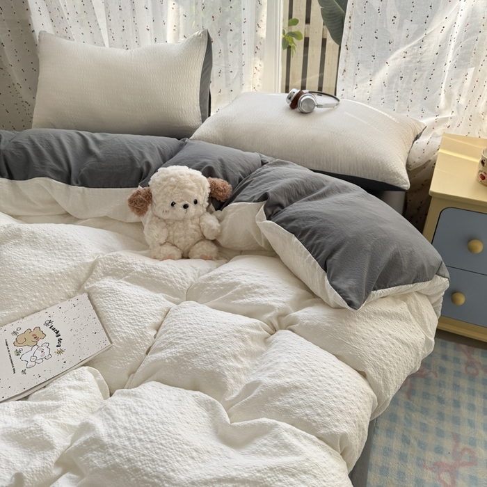 雨帆家纺 2026新款时尚双拼泡芙纱四件套系列 泡芙纱米白+灰