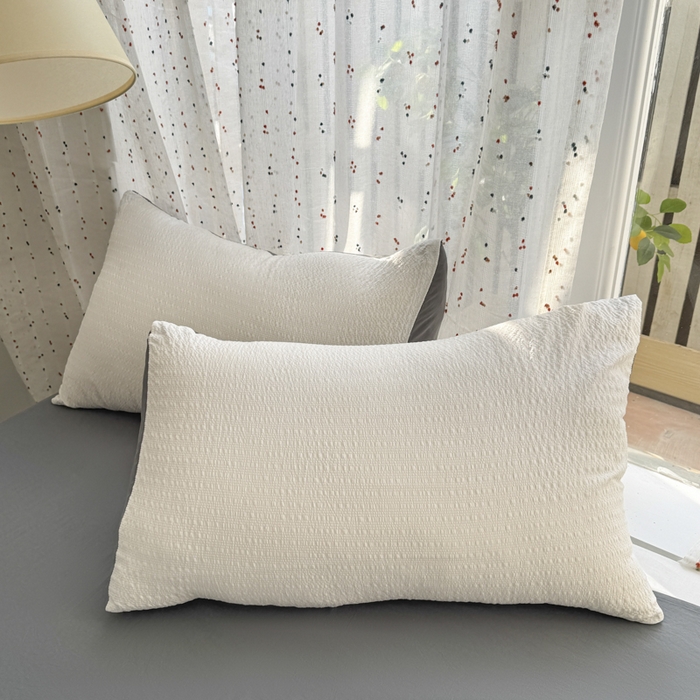 91家纺网 家纺一手货源 找家纺 雨帆家纺 2026新款时尚双拼泡芙纱四件套系列 泡芙纱米白+灰