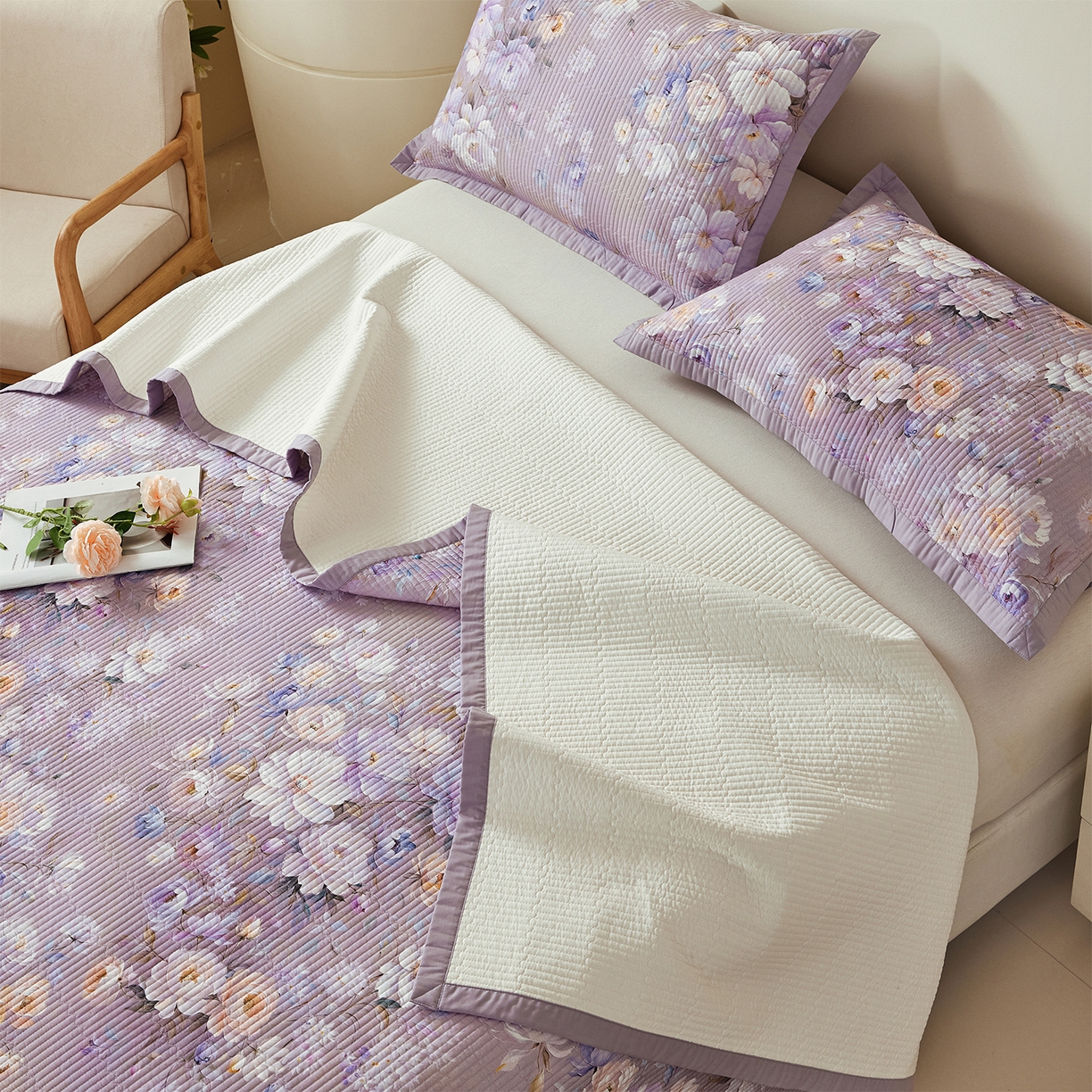 91家纺网 家纺一手货源 找家纺 元元家居（元元被业） 2026新款全棉纯棉13372系列夹棉枕套单件枕套单品单枕套-印花款 花漾紫