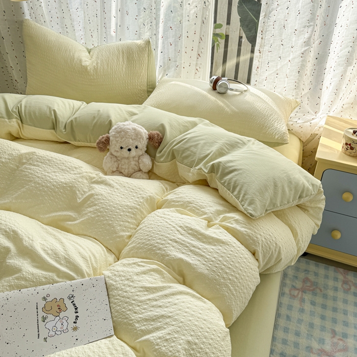 雨帆家纺 2026新款时尚双拼泡芙纱四件套系列 泡芙纱米黄+绿