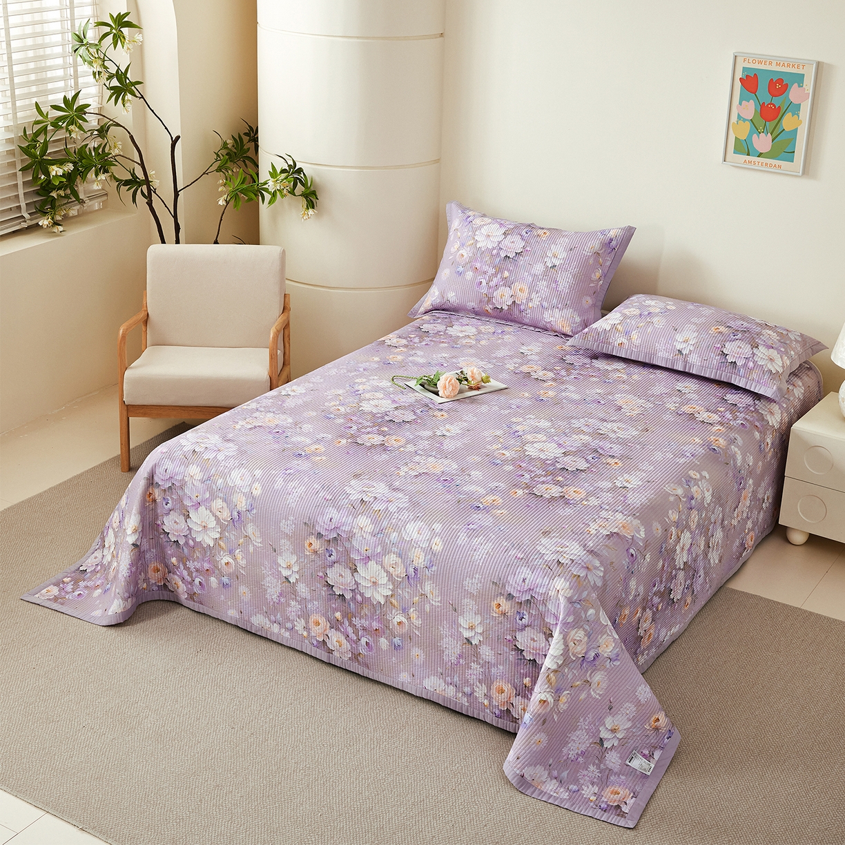 91家纺网 家纺一手货源 找家纺 元元家居（元元被业） 2026新款全棉纯棉13372系列夹棉枕套单件枕套单品单枕套-印花款 花漾紫