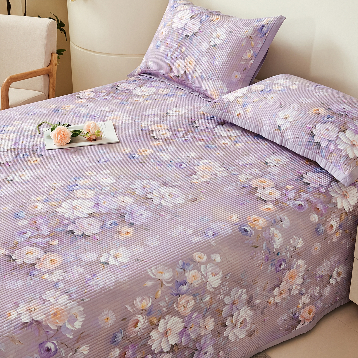 91家纺网 家纺一手货源 找家纺 元元家居（元元被业） 2026新款全棉纯棉13372系列夹棉枕套单件枕套单品单枕套-印花款 花漾紫