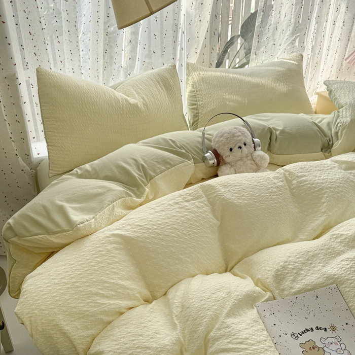 91家纺网 家纺一手货源 找家纺 雨帆家纺 2026新款时尚双拼泡芙纱四件套系列 泡芙纱米黄+绿