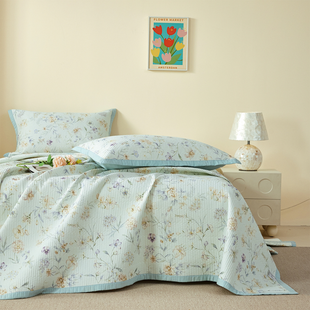 91家纺网 家纺一手货源 找家纺 元元家居（元元被业） 2026新款全棉纯棉13372系列床盖单件床盖单品单床盖-印花款 春晓绿