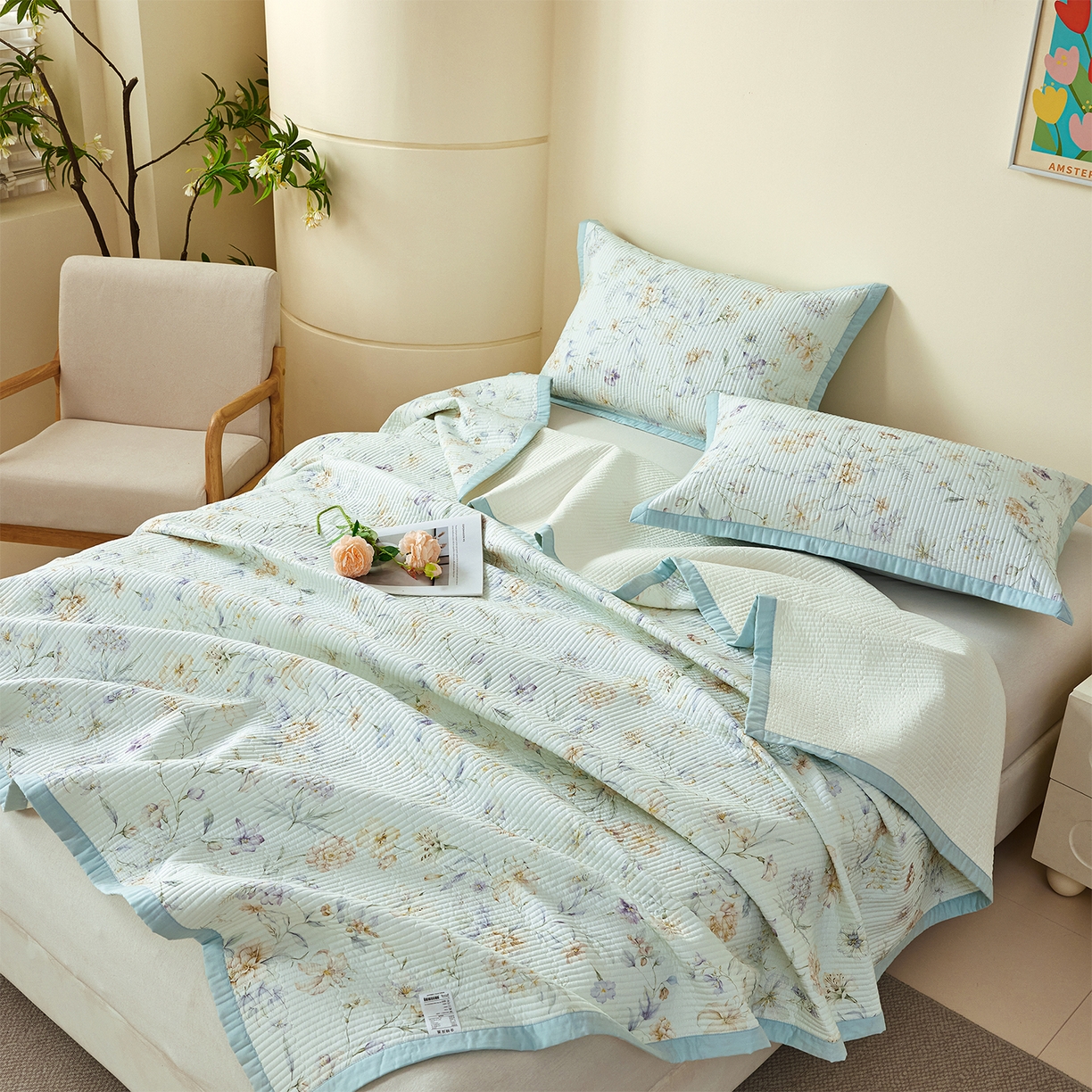 91家纺网 家纺一手货源 找家纺 元元家居（元元被业） 2026新款全棉纯棉13372系列床盖单件床盖单品单床盖-印花款 春晓绿