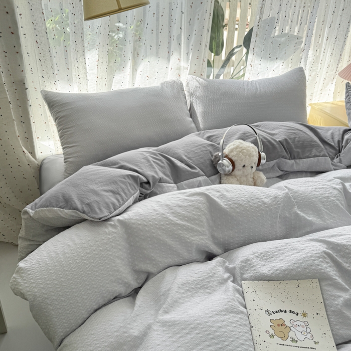 91家纺网 家纺一手货源 找家纺 雨帆家纺 2026新款时尚双拼泡芙纱四件套系列 泡芙纱浅灰+浅灰