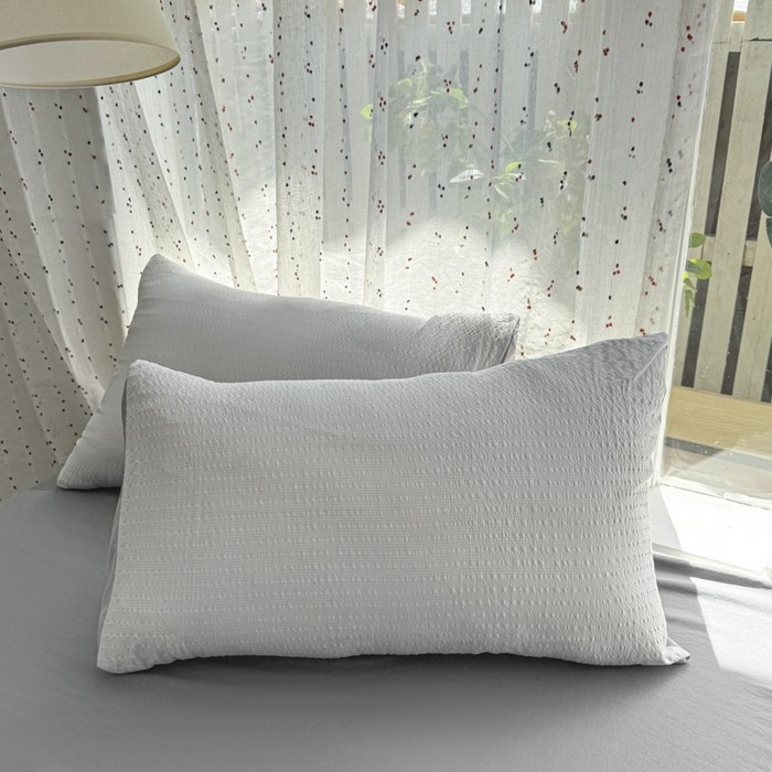 91家纺网 家纺一手货源 找家纺 雨帆家纺 2026新款时尚双拼泡芙纱四件套系列 泡芙纱浅灰+浅灰