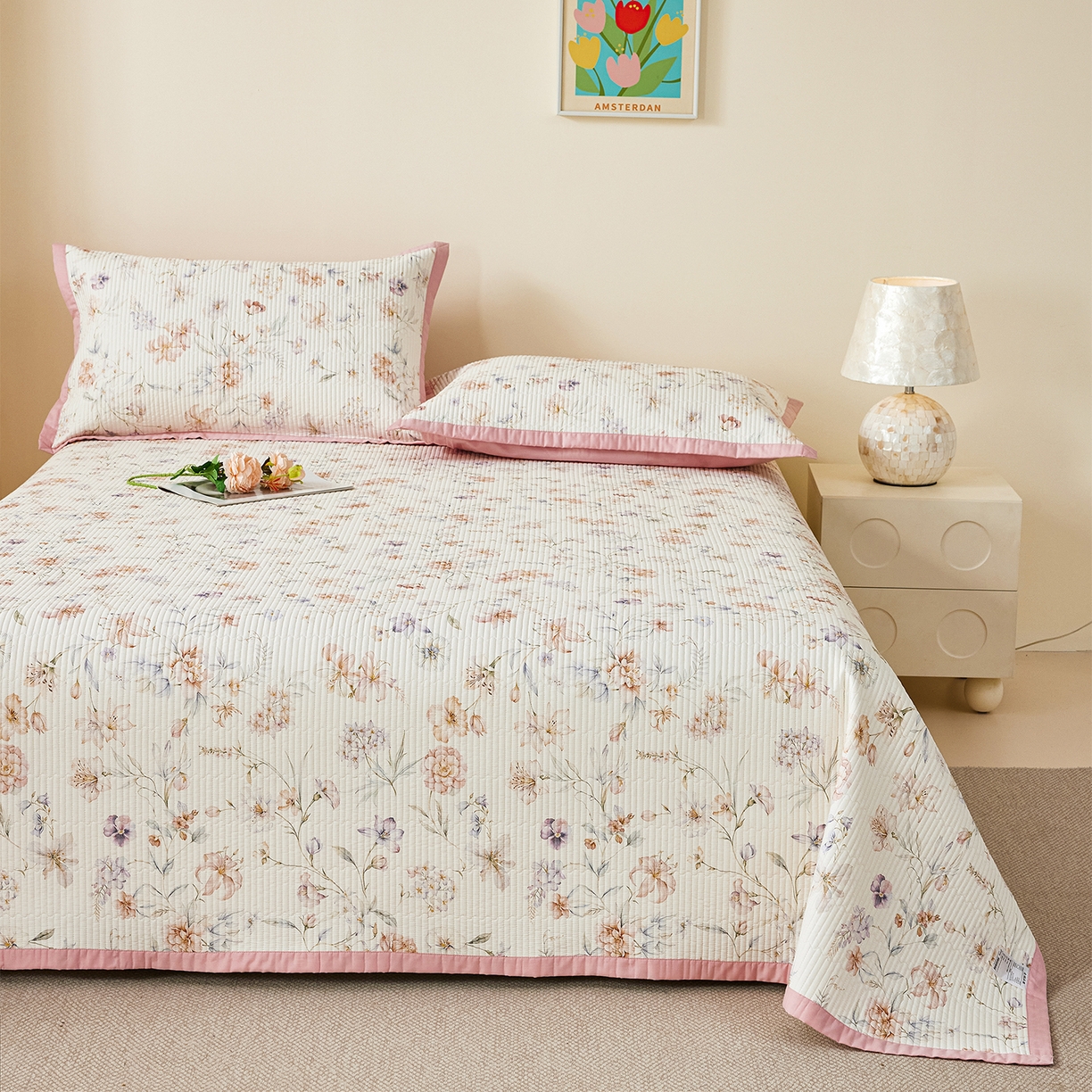 91家纺网 家纺一手货源 找家纺 元元家居（元元被业） 2026新款全棉纯棉13372系列床盖单件床盖单品单床盖-印花款 春晓米