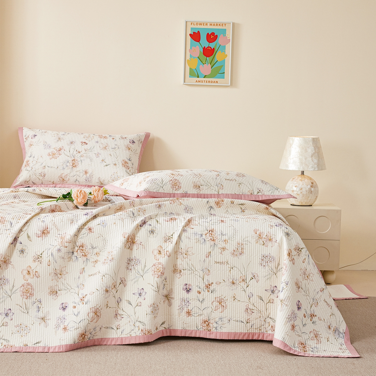 91家纺网 家纺一手货源 找家纺 元元家居（元元被业） 2026新款全棉纯棉13372系列床盖单件床盖单品单床盖-印花款 春晓米