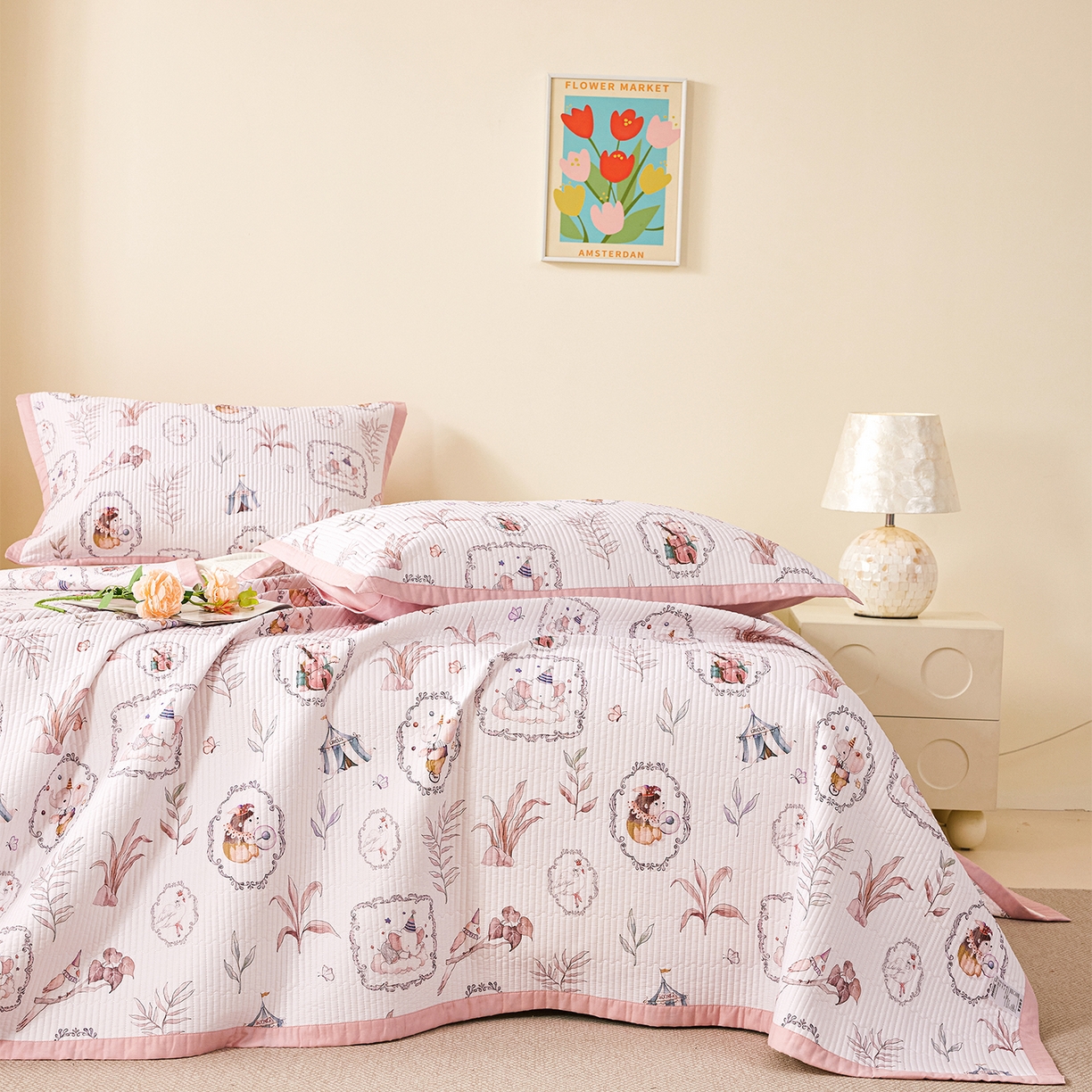 91家纺网 家纺一手货源 找家纺 元元家居（元元被业） 2026新款全棉纯棉13372系列夹棉枕套单件枕套单品单枕套-印花款 乐园粉