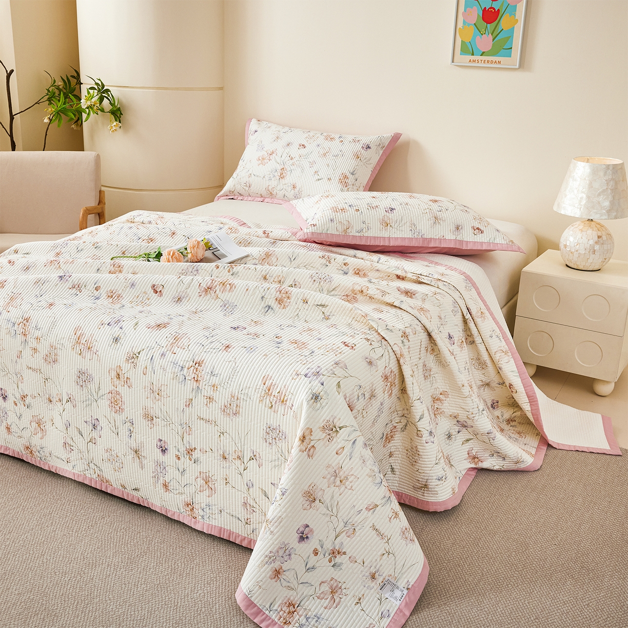 91家纺网 家纺一手货源 找家纺 元元家居（元元被业） 2026新款全棉纯棉13372系列床盖单件床盖单品单床盖-印花款 春晓米