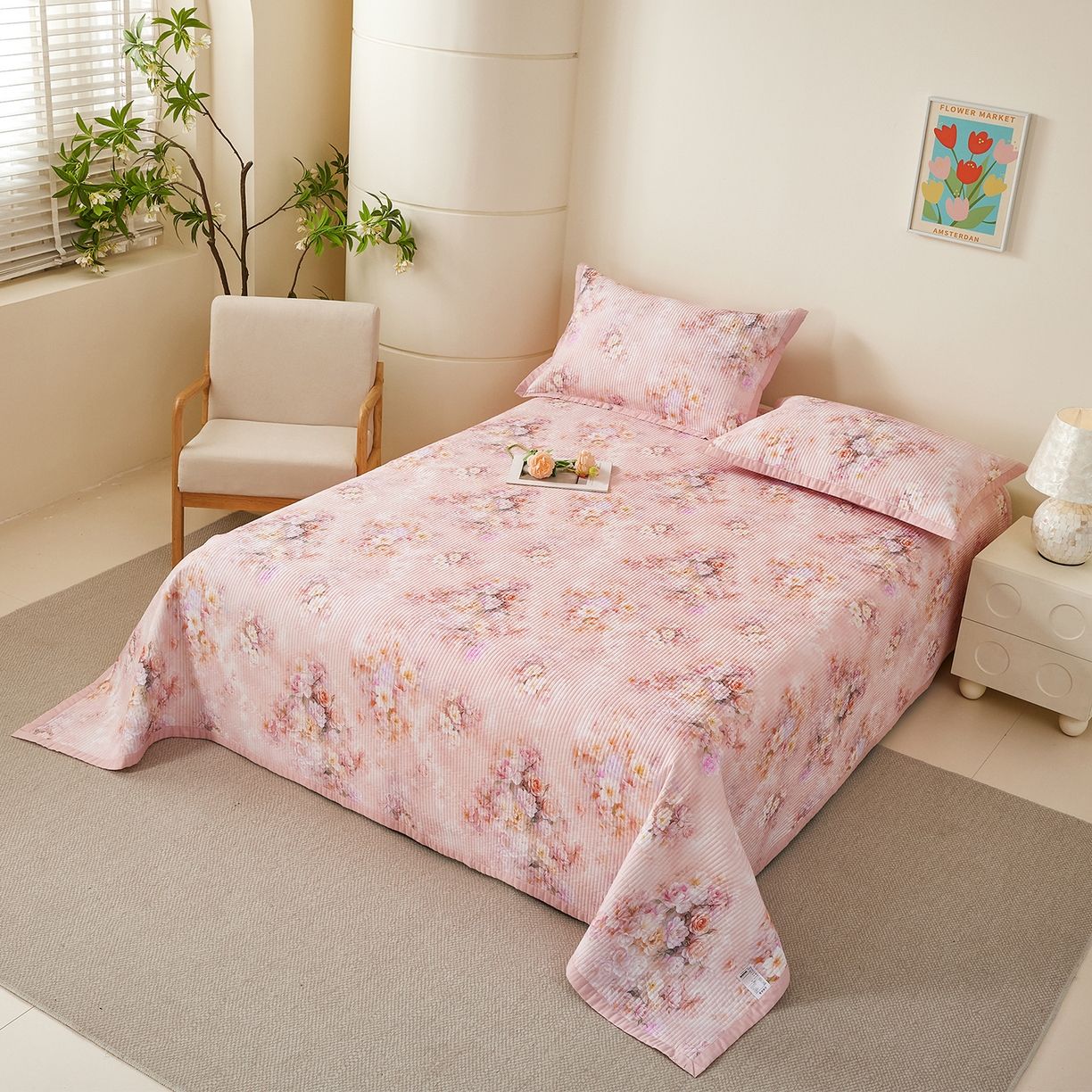 91家纺网 家纺一手货源 找家纺 元元家居（元元被业） 2026新款全棉纯棉13372系列床盖单件床盖单品单床盖-印花款 芳菲