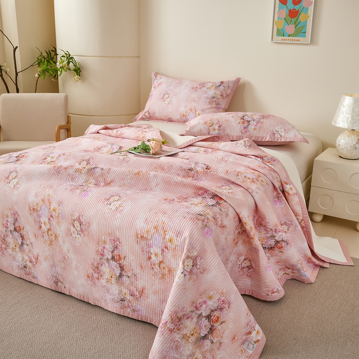 91家纺网 家纺一手货源 找家纺 元元家居（元元被业） 2026新款全棉纯棉13372系列床盖单件床盖单品单床盖-印花款 芳菲