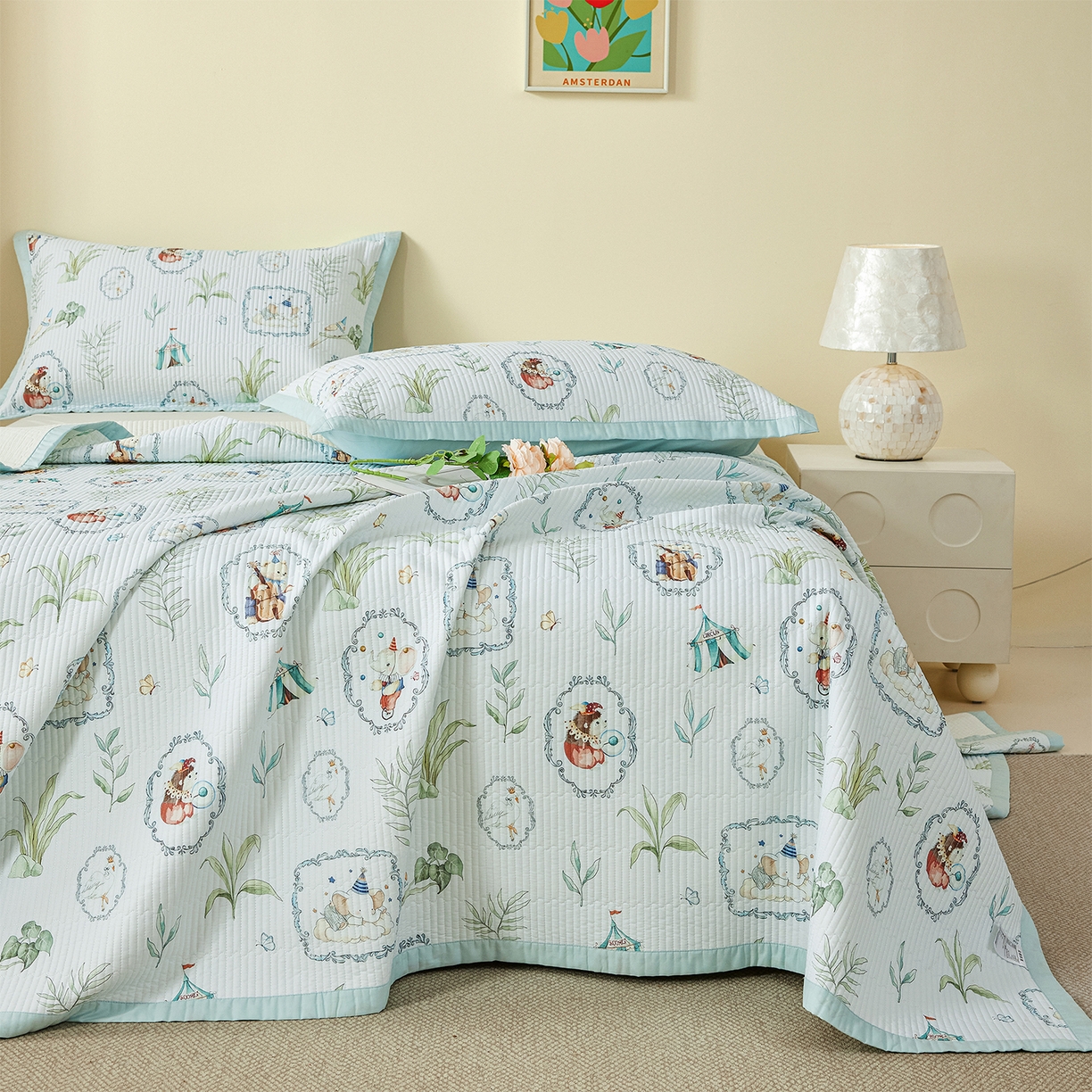 91家纺网 家纺一手货源 找家纺 元元家居（元元被业） 2026新款全棉纯棉13372系列夹棉枕套单件枕套单品单枕套-印花款 乐园绿