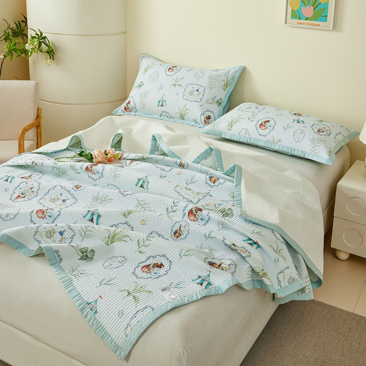 91家纺网 家纺一手货源 找家纺 元元家居（元元被业） 2026新款全棉纯棉13372系列夹棉枕套单件枕套单品单枕套-印花款 乐园绿