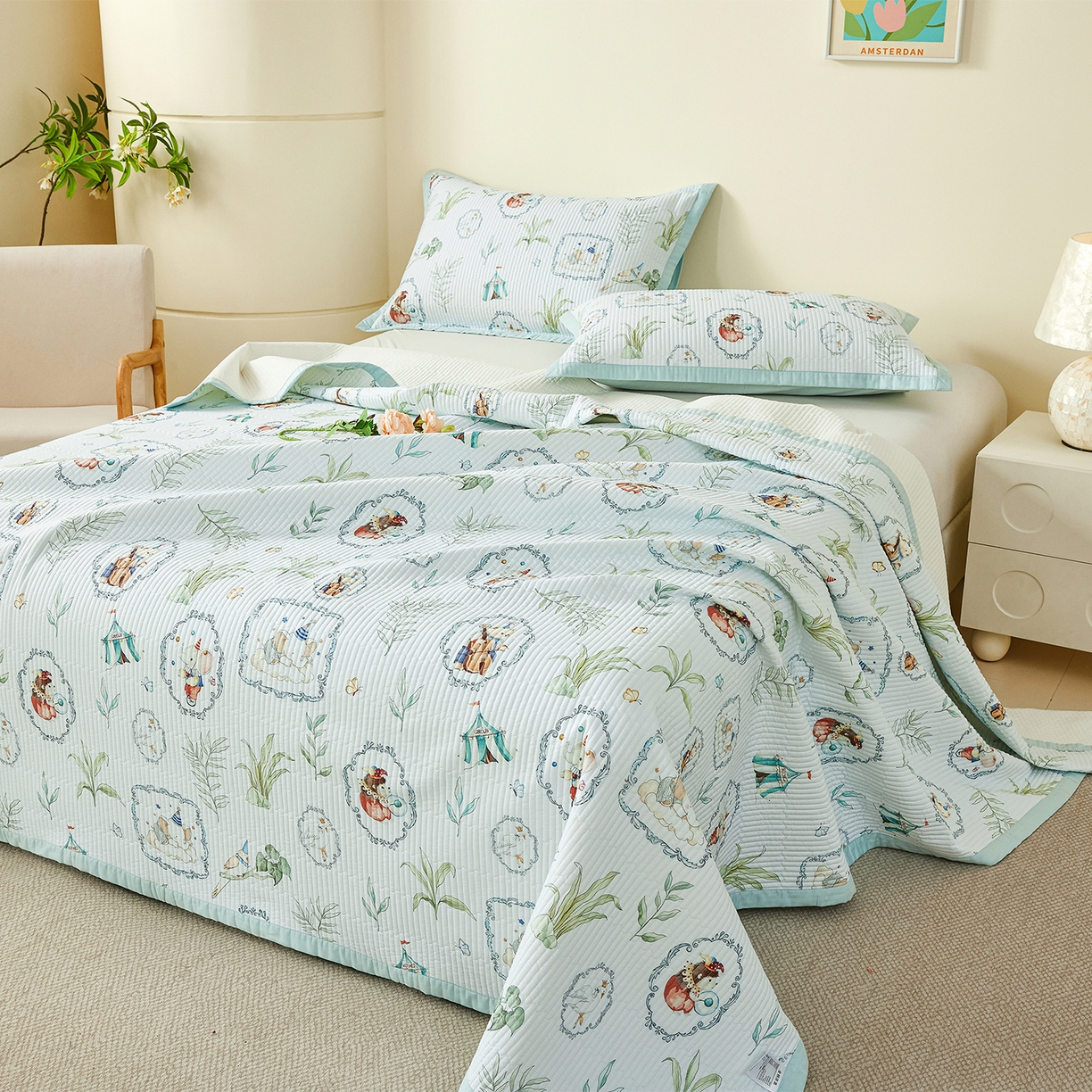 91家纺网 家纺一手货源 找家纺 元元家居（元元被业） 2026新款全棉纯棉13372系列夹棉枕套单件枕套单品单枕套-印花款 乐园绿