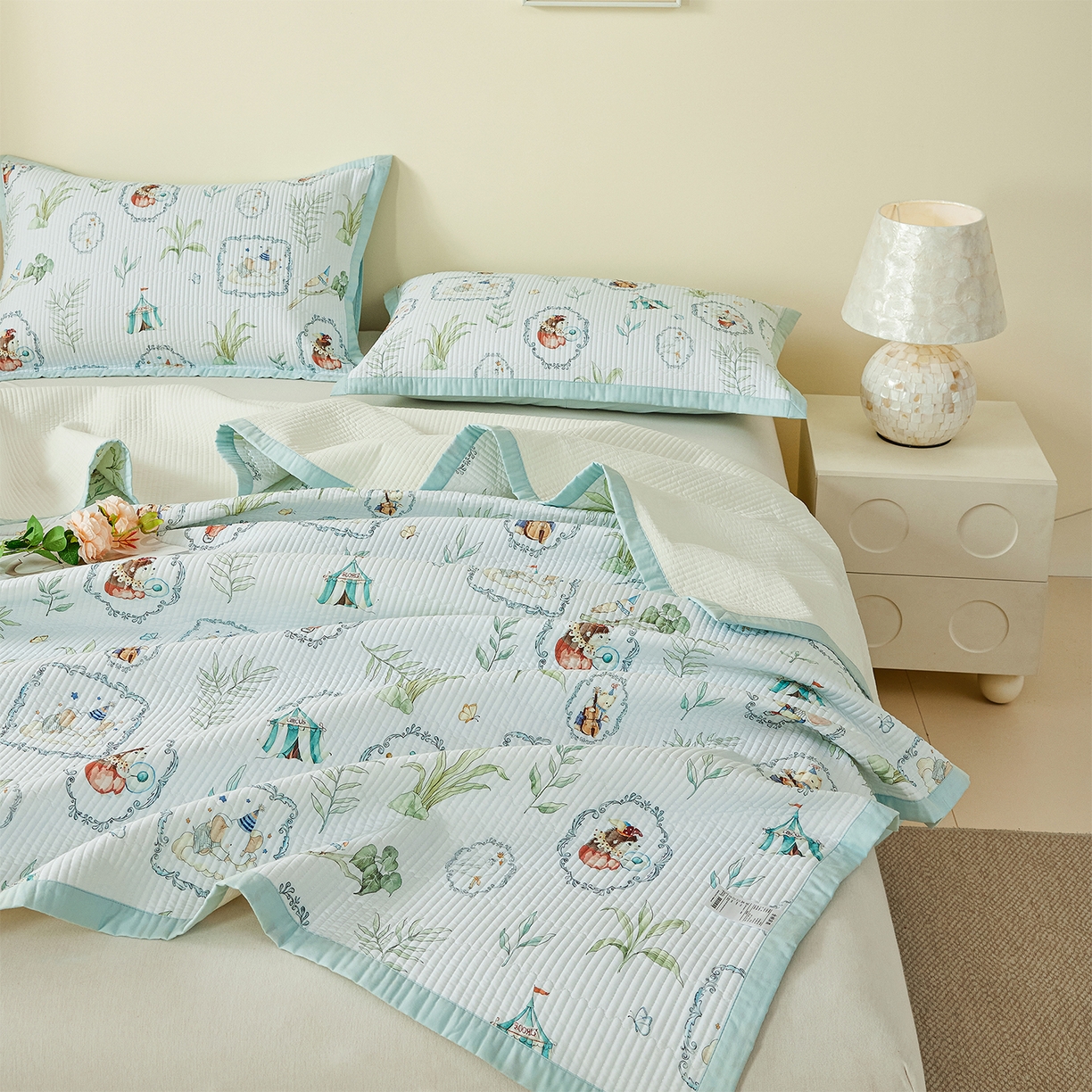 91家纺网 家纺一手货源 找家纺 元元家居（元元被业） 2026新款全棉纯棉13372系列夹棉枕套单件枕套单品单枕套-印花款 乐园绿