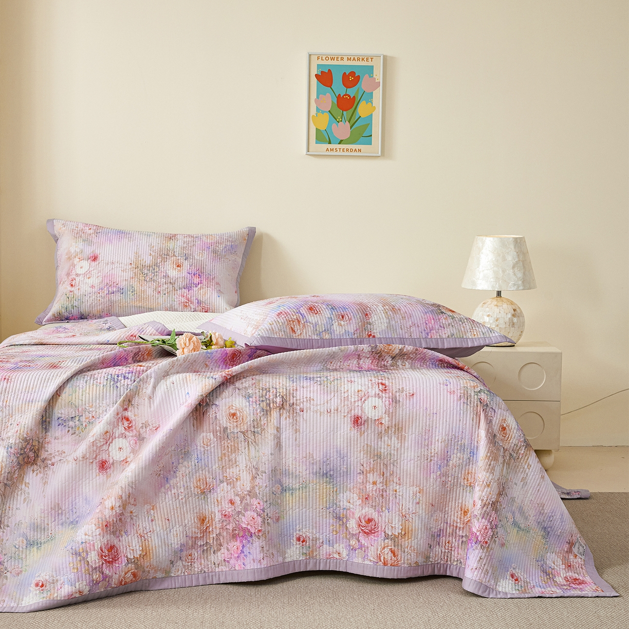 91家纺网 家纺一手货源 找家纺 元元家居（元元被业） 2026新款全棉纯棉13372系列床盖单件床盖单品单床盖-印花款 红颜