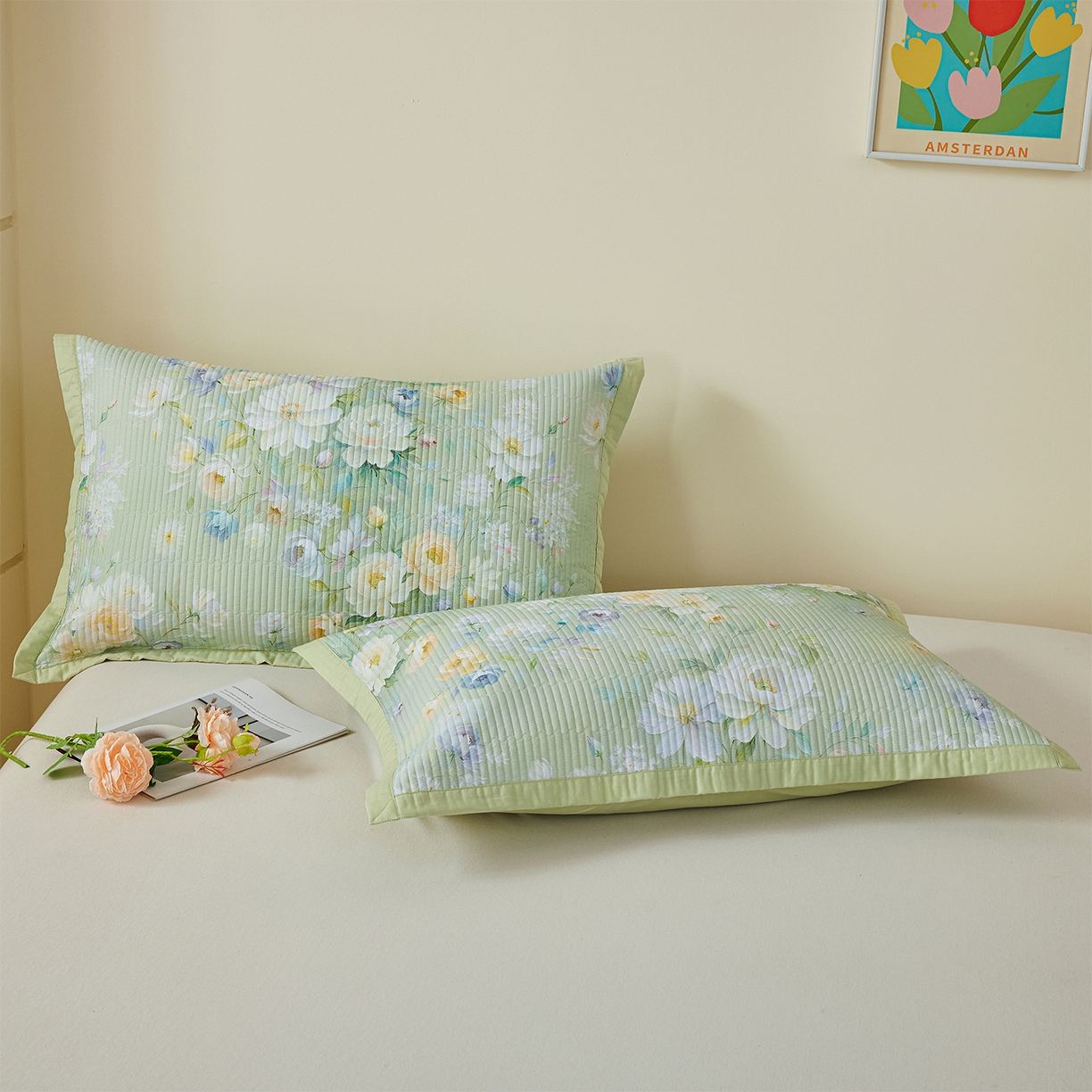 91家纺网 家纺一手货源 找家纺 元元家居（元元被业） 2026新款全棉纯棉13372系列床盖单件床盖单品单床盖-印花款 花漾绿