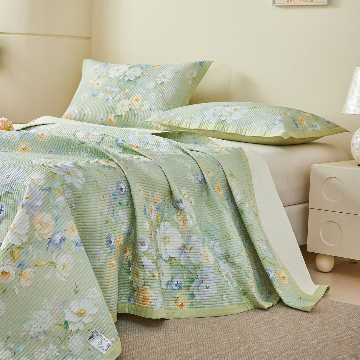 91家纺网 家纺一手货源 找家纺 元元家居（元元被业） 2026新款全棉纯棉13372系列床盖单件床盖单品单床盖-印花款 花漾绿