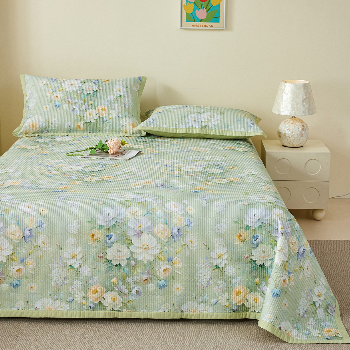 91家纺网 家纺一手货源 找家纺 元元家居（元元被业） 2026新款全棉纯棉13372系列床盖单件床盖单品单床盖-印花款 花漾绿