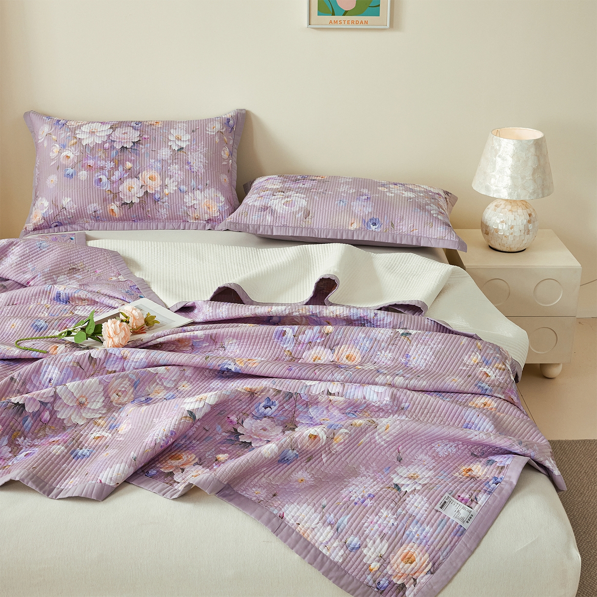 91家纺网 家纺一手货源 找家纺 元元家居（元元被业） 2026新款全棉纯棉13372系列床盖单件床盖单品单床盖-印花款 花漾紫