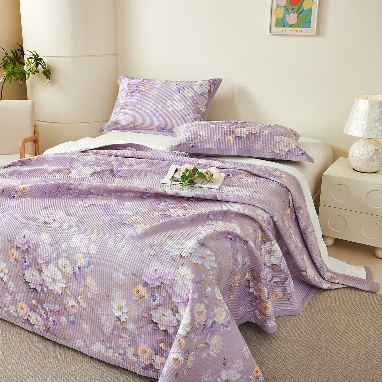 91家纺网 家纺一手货源 找家纺 元元家居（元元被业） 2026新款全棉纯棉13372系列床盖单件床盖单品单床盖-印花款 花漾紫