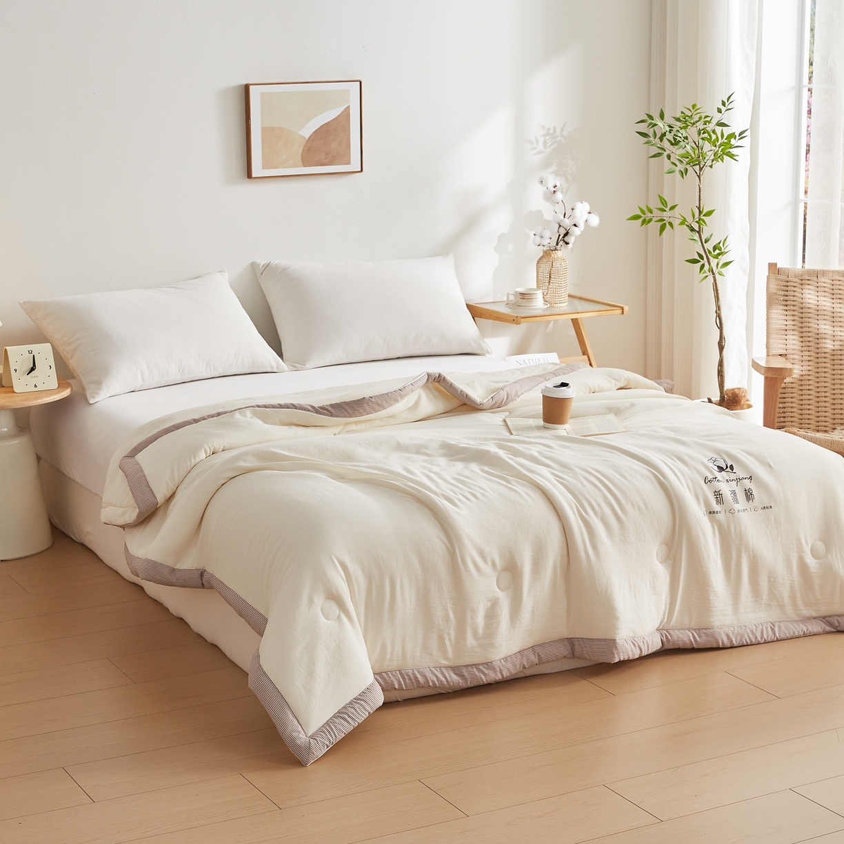 91家纺网 家纺一手货源 找家纺 帕芬鸟家纺 2026新款100%棉花夏被纯色系列 白咖条