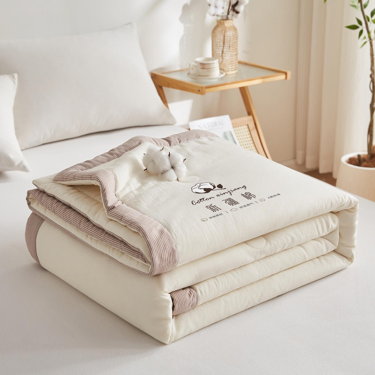 91家纺网 家纺一手货源 找家纺 帕芬鸟家纺 2026新款100%棉花夏被纯色系列 白咖条