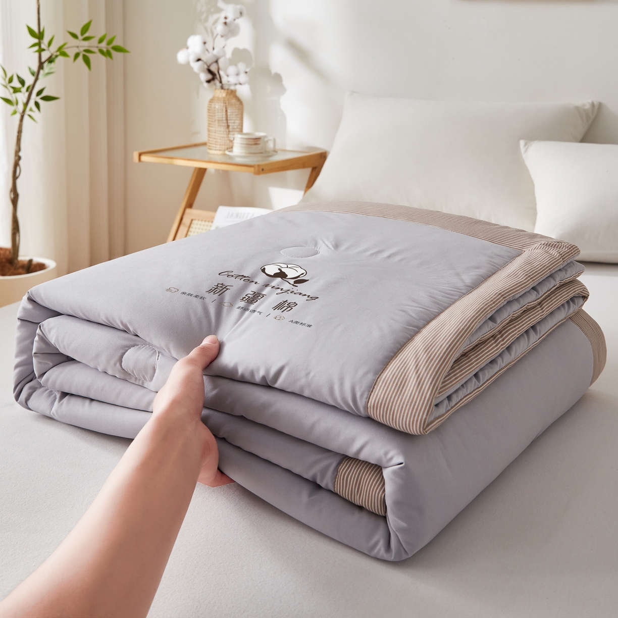 91家纺网 家纺一手货源 找家纺 帕芬鸟家纺 2026新款100%棉花夏被纯色系列 月光灰