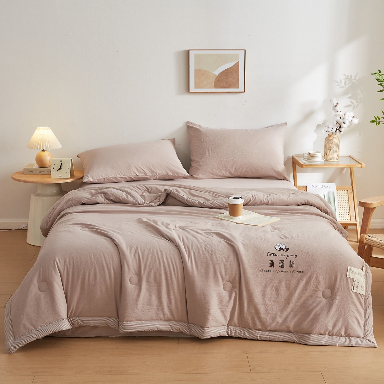 91家纺网 家纺一手货源 找家纺 帕芬鸟家纺 2026新款100%棉花夏被纯色系列 奶油咖