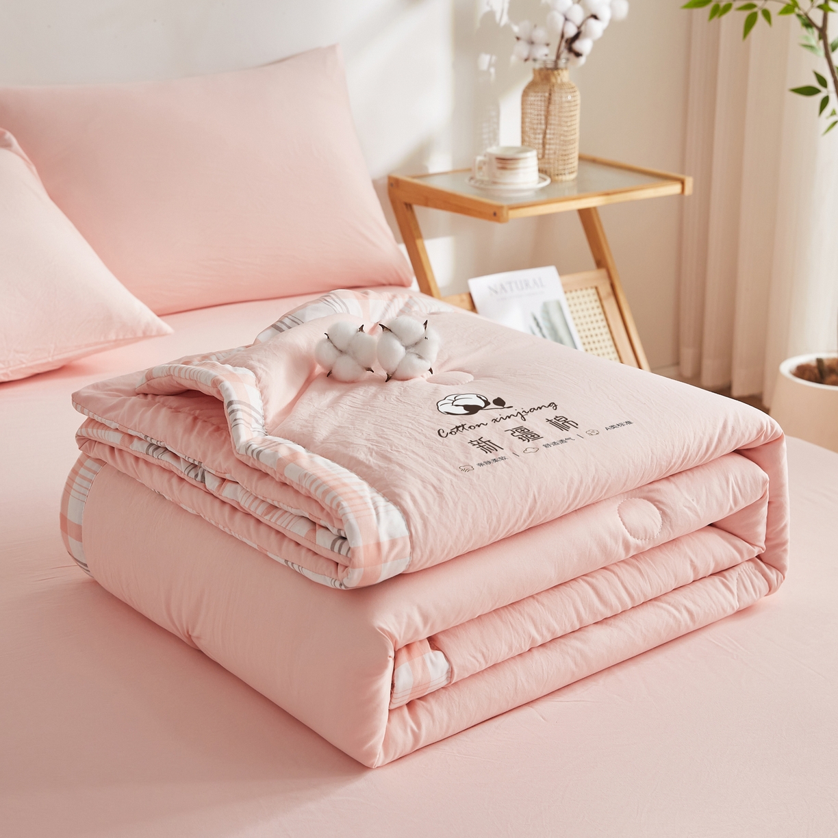 91家纺网 家纺一手货源 找家纺 帕芬鸟家纺 2026新款100%棉花夏被纯色系列 蜜桃粉