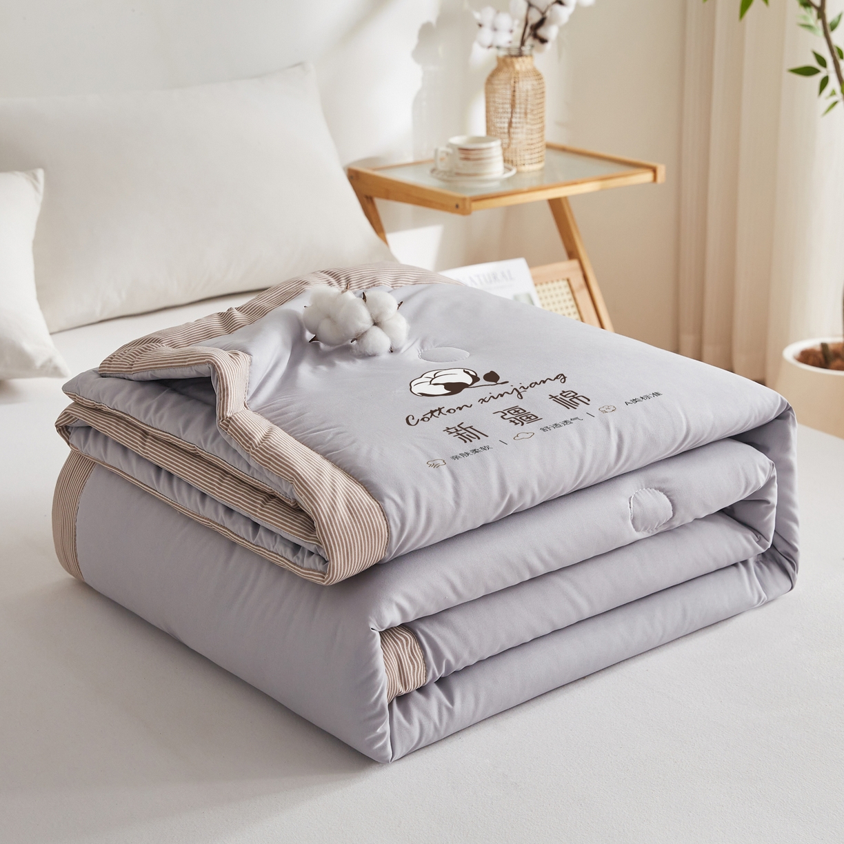 91家纺网 家纺一手货源 找家纺 帕芬鸟家纺 2026新款100%棉花夏被纯色系列 月光灰